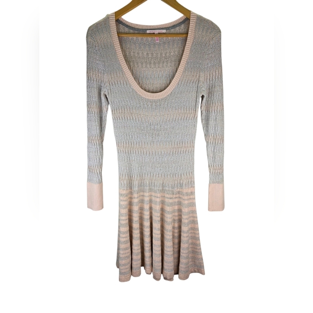 Y2k Victoria Secrets Drop Waist Knit Long Sleeve Light Pink Gray Dress Size M - Picture 2 of 15